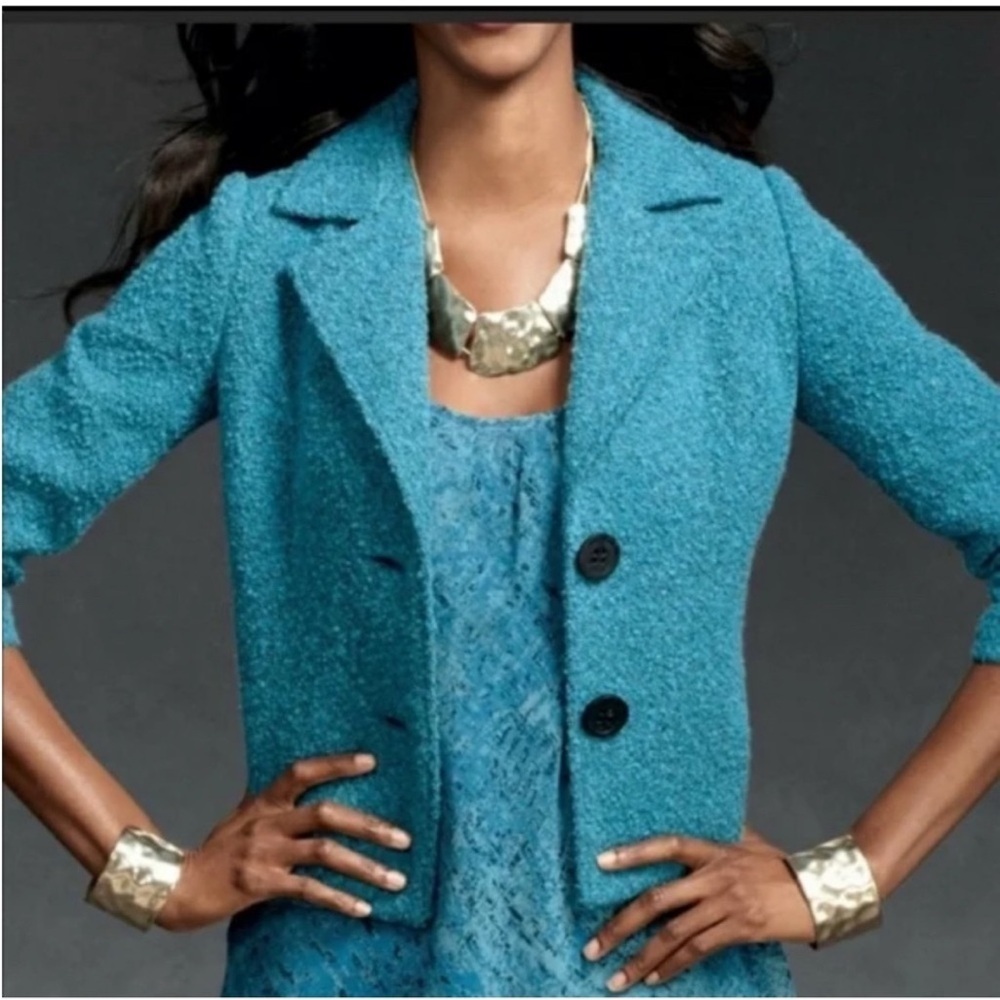 CAbi #186 Teal Boucle Cropped Blazer Jacket Textured 3/4 Sleeve Size 0 - Picture 1 of 9